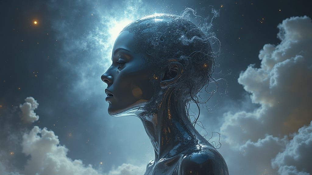 Cosmic Chrome Goddess Emerge from Swirling Nebula