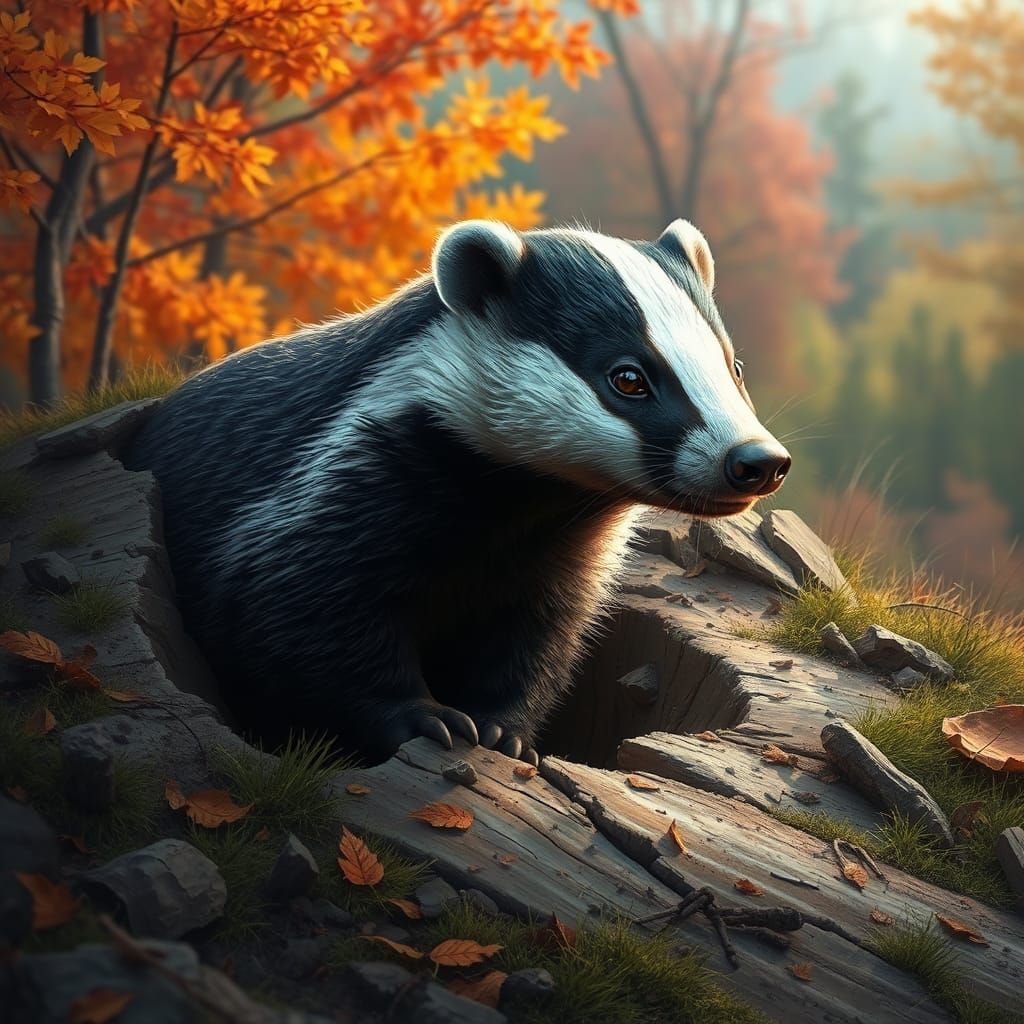 Autumn Badger Emerges from Chalk Burrow