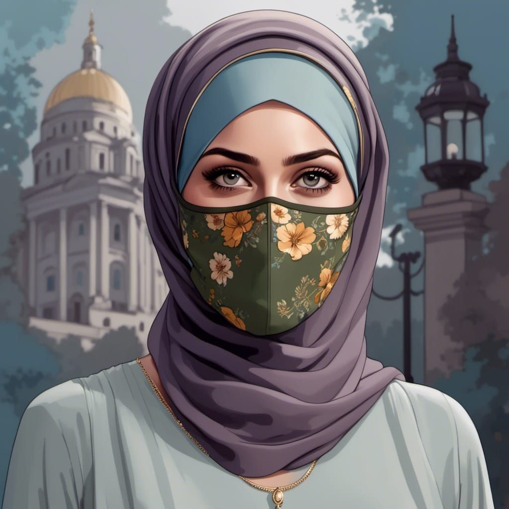 Pretty Hijabi Woman with Facemask in Ink Drawing Style