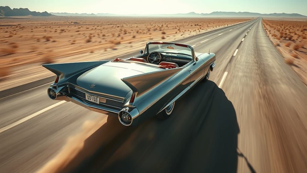 Gleaming Chrome 1959 Cadillac Convertible Speeds Down Desert...