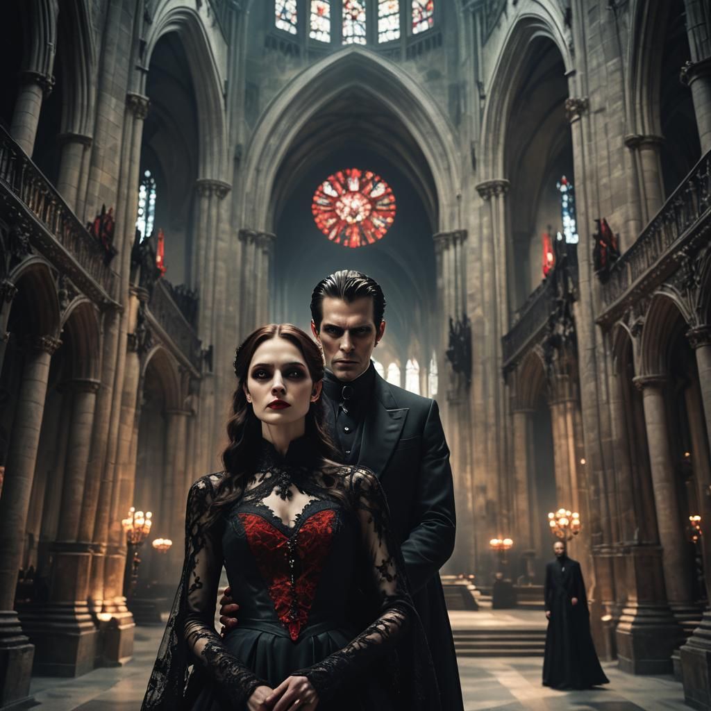 Elegant Vampires in Gothic Cathedral, Cinematic Film Still