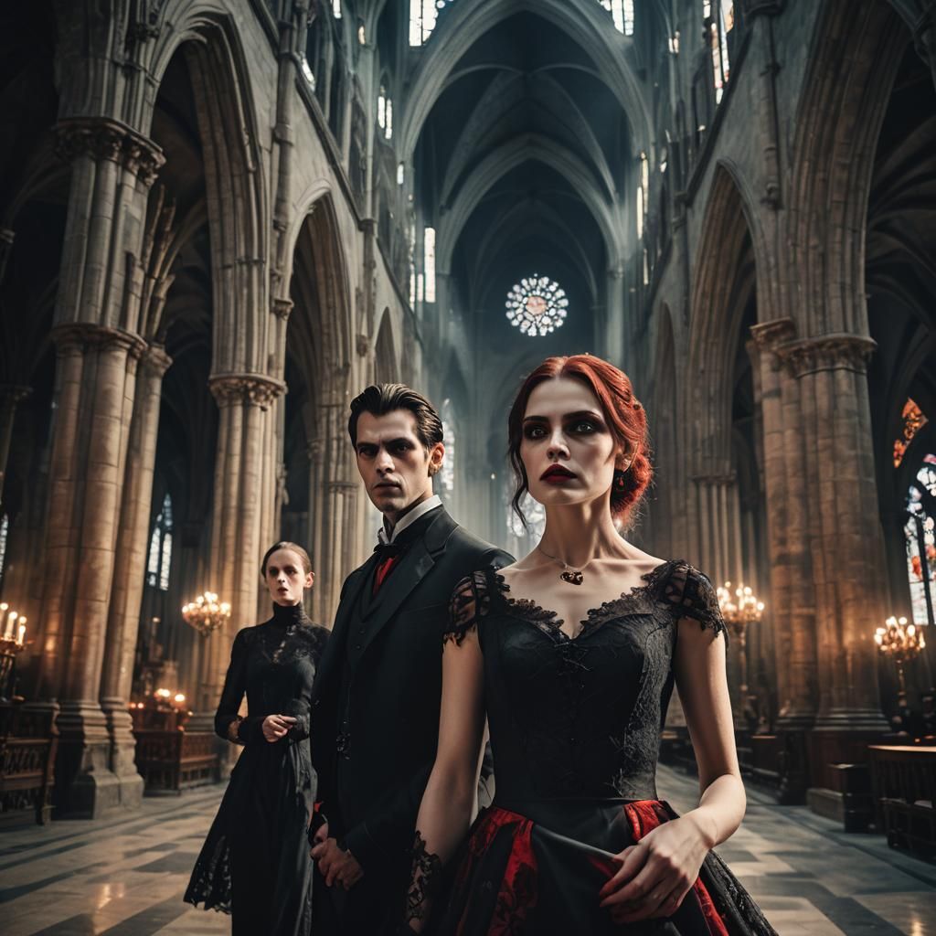 Elegant Vampires in Gothic Cathedral with Cinematic Lighting