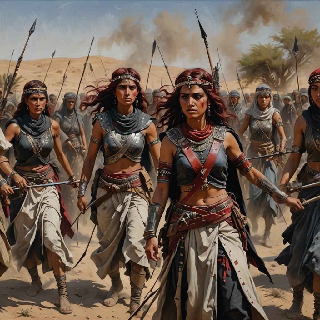 Oriental Warrior Women in Oil Painting