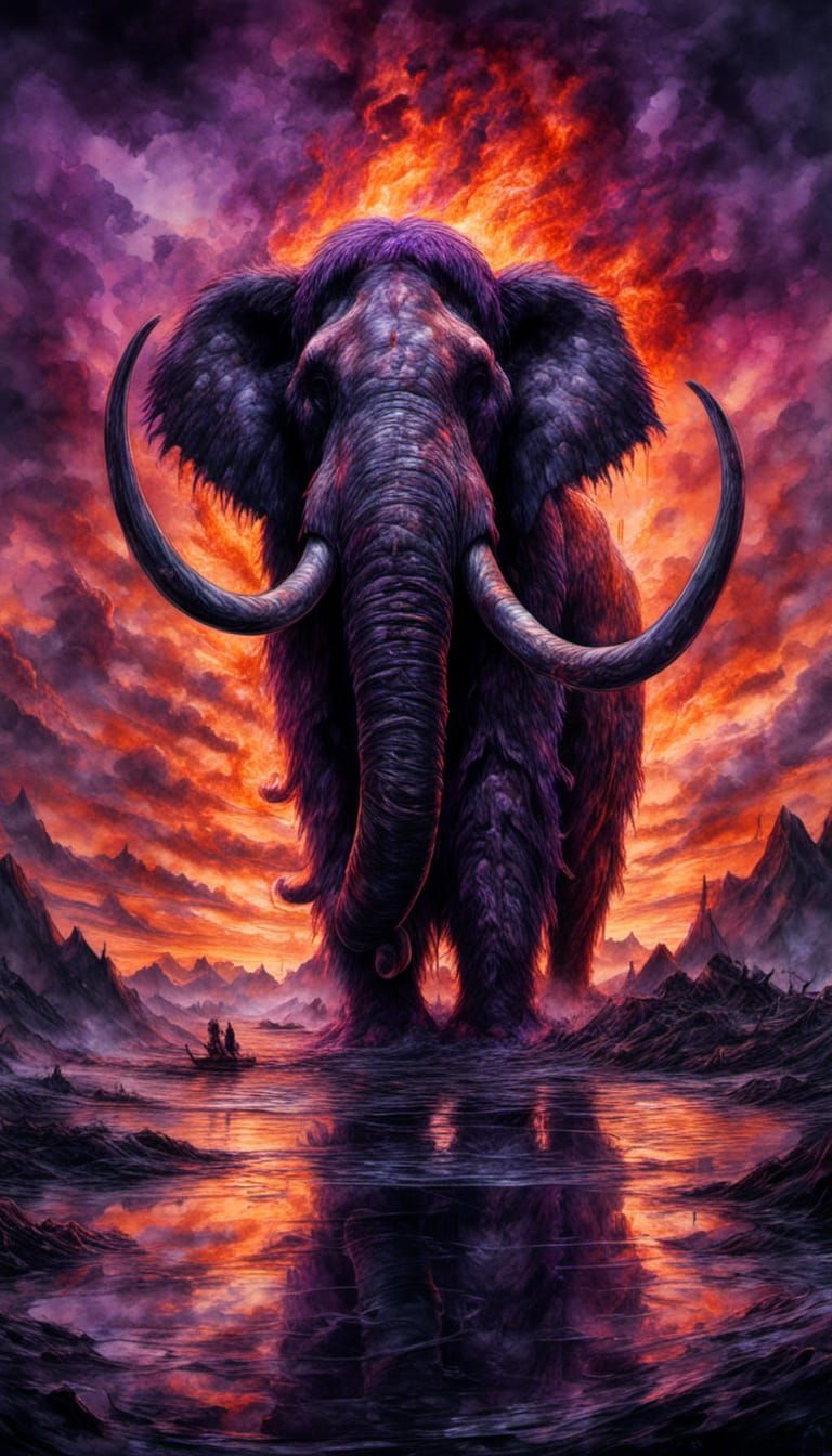 Eerie Digital Portrait of a Zombie Mammoth Emerging from Fla...