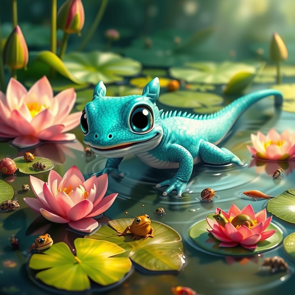 Vibrant Water Dragon Plays in Serene Pond Paradise