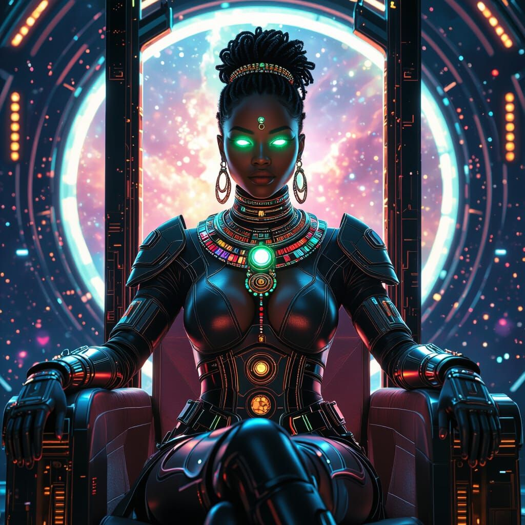 Nebula Queen: African Woman on Futuristic Throne
