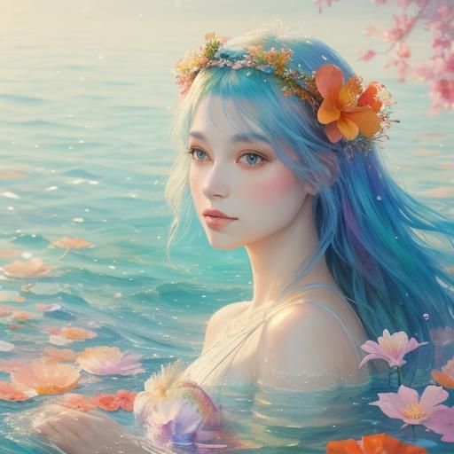 Mermaid with Iridescent Peacock Tail and Orange Flower Crown