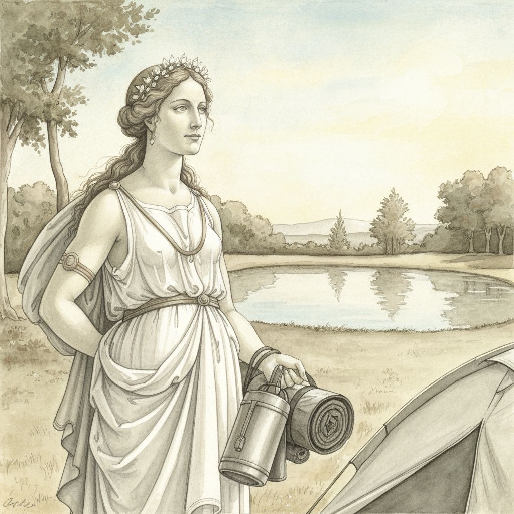 Aphrodite as a Modern Camper in Botticelli Watercolor Style