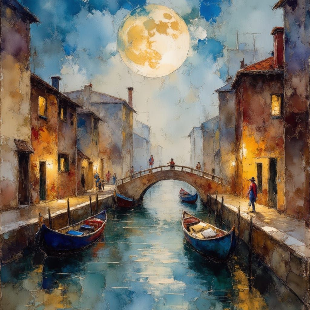Venice Cityscape Oil Painting with Moonlight