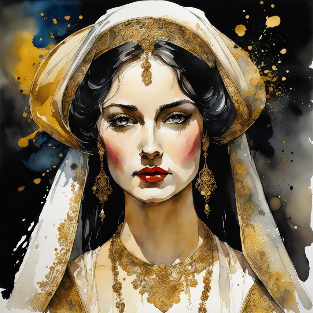 Medieval Bride's Whimsical Portrait in Watercolor and Gold