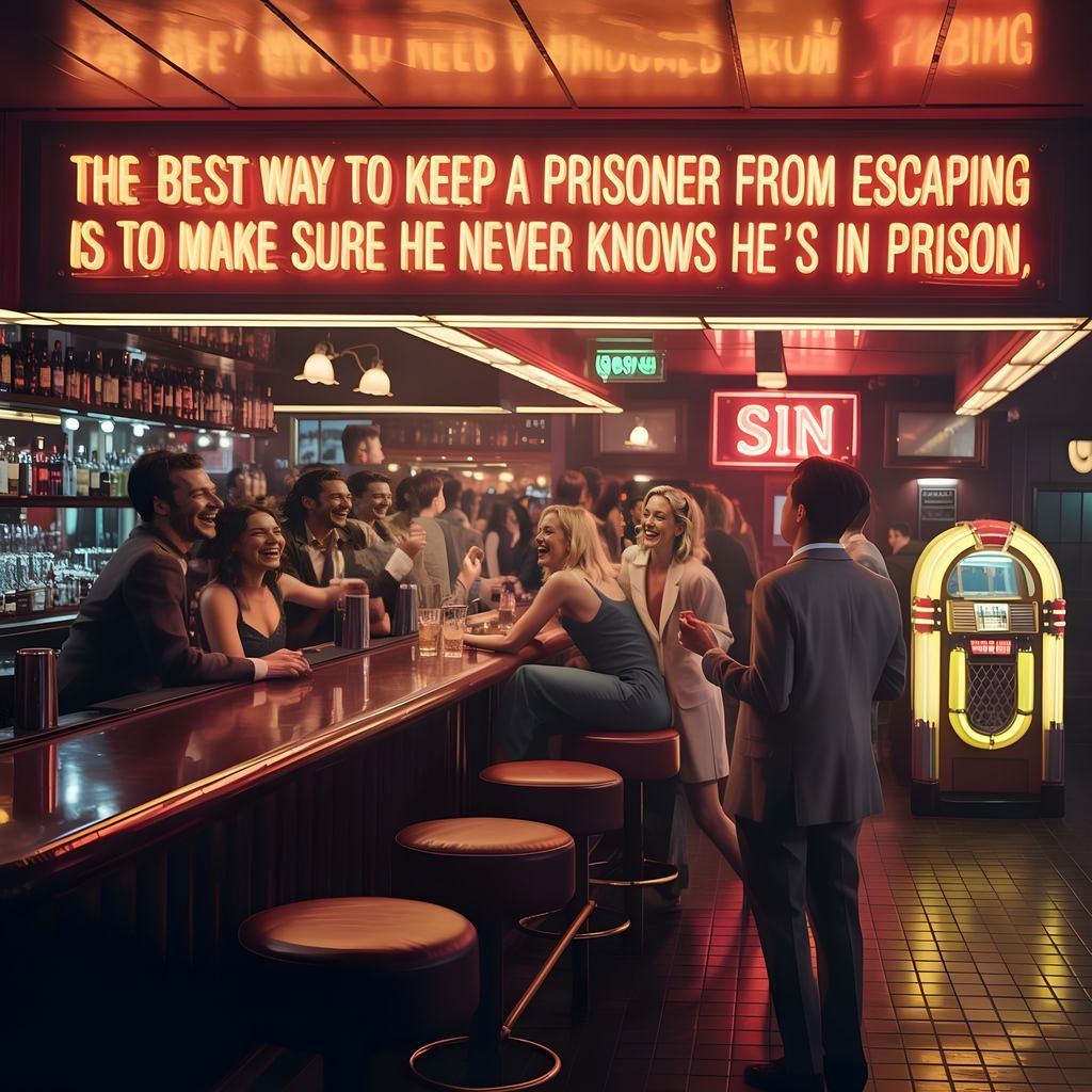 Cinematic Bar Scene with Neon Sign 'SIN'