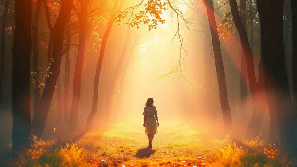 Woman in Forest with Colorful Mist