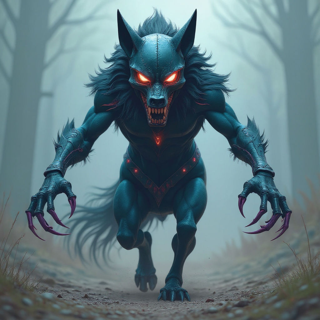 Mythical Hybrid Creature with Obsidian Wolf Skull Helmet