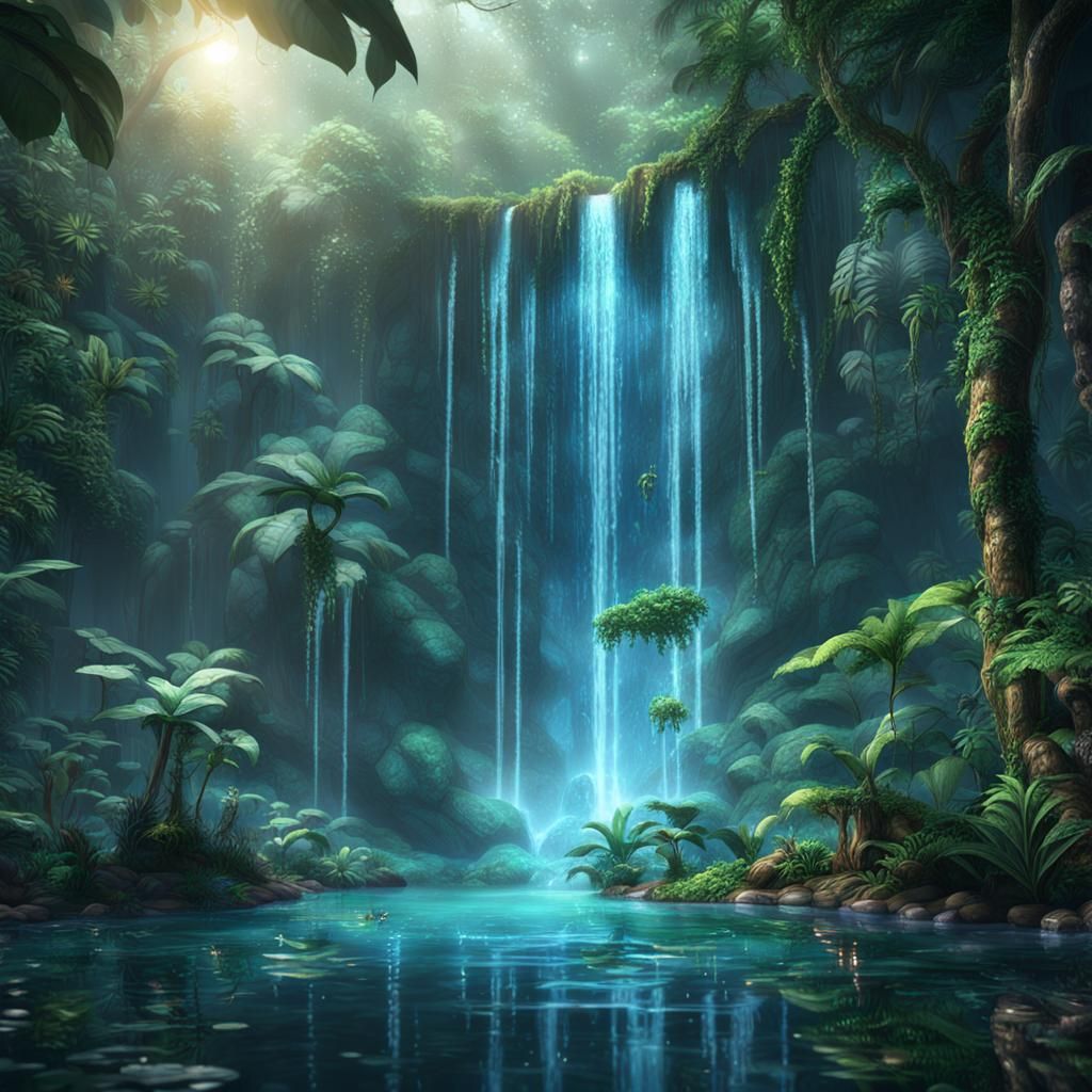Luminous Jungle Waterfall in Vibrant Crystal