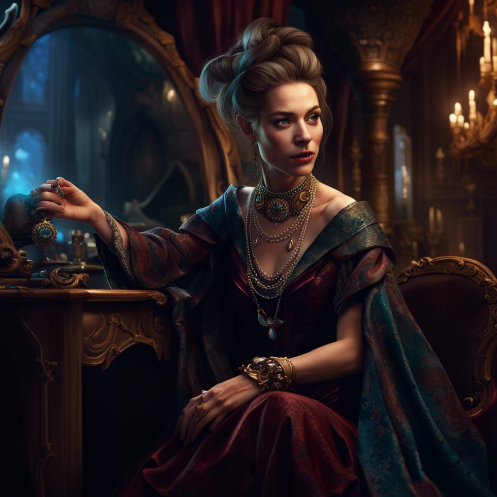 Regal Young Woman Sitting in Dark Fantasy Environment