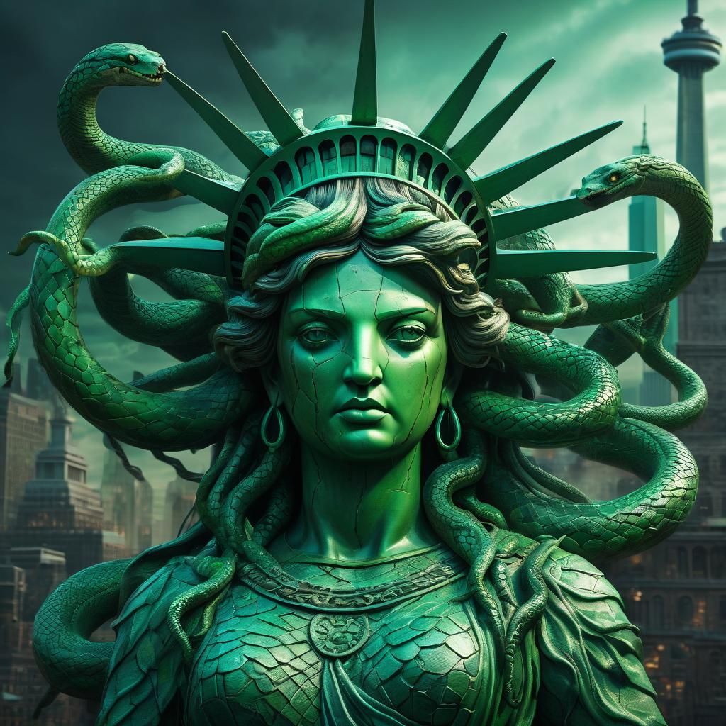 Surreal Goddess of Liberty with Snakes as Hair, in a Detaile...