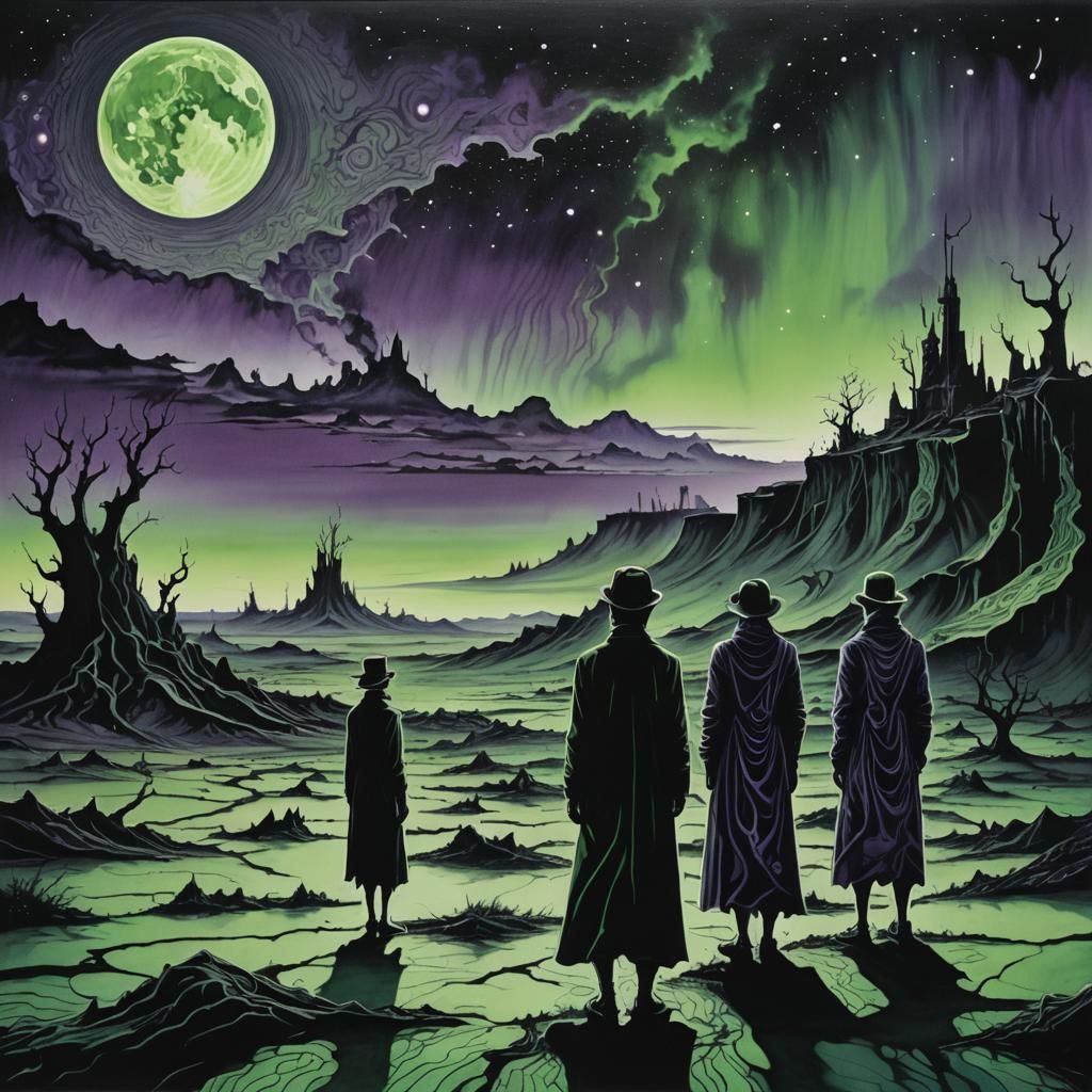 Surreal Dark Fantasy Survivors in a Haunting, Green-Lit Wast...