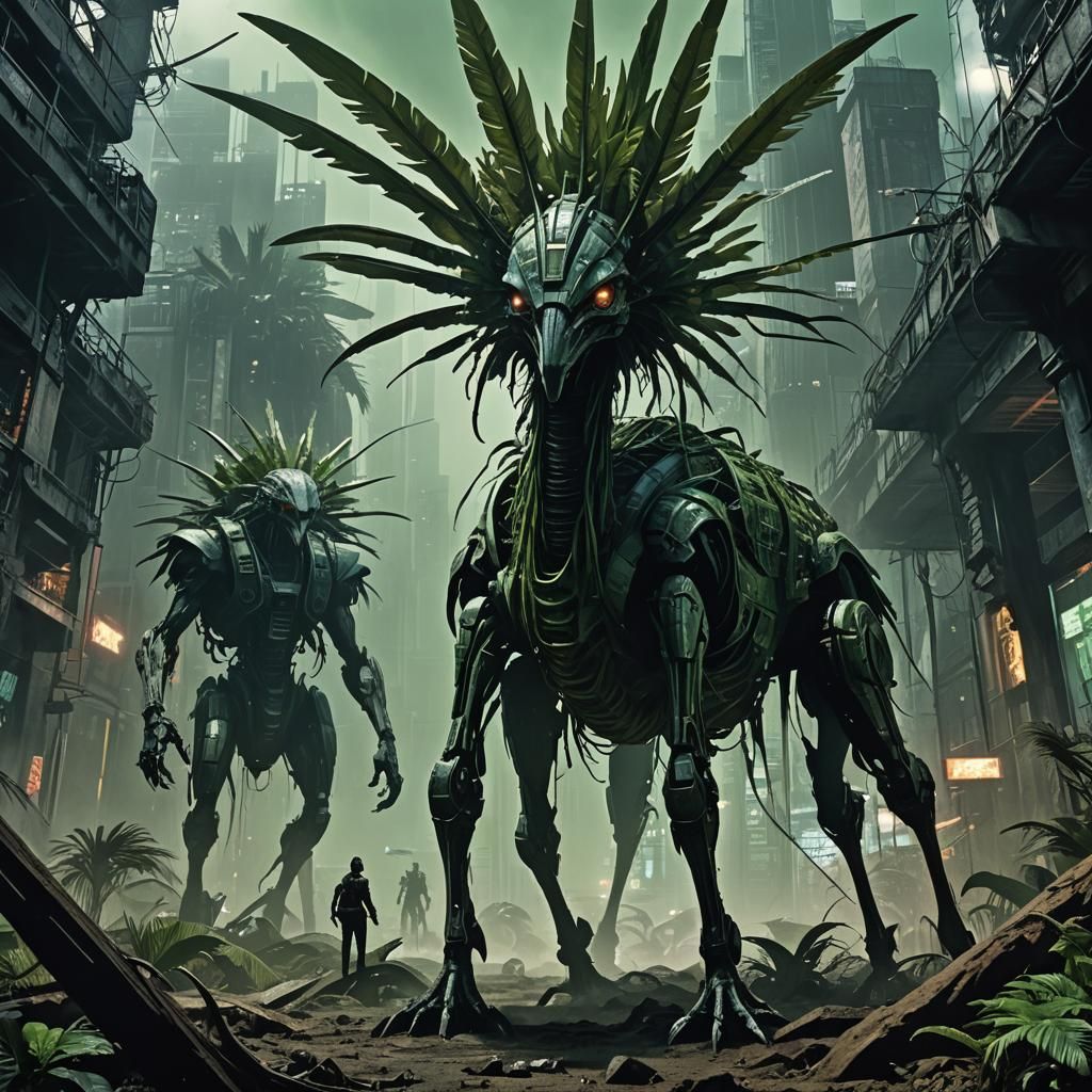 Towering Creatures Feast in Dark Wasteland Under Three Moons