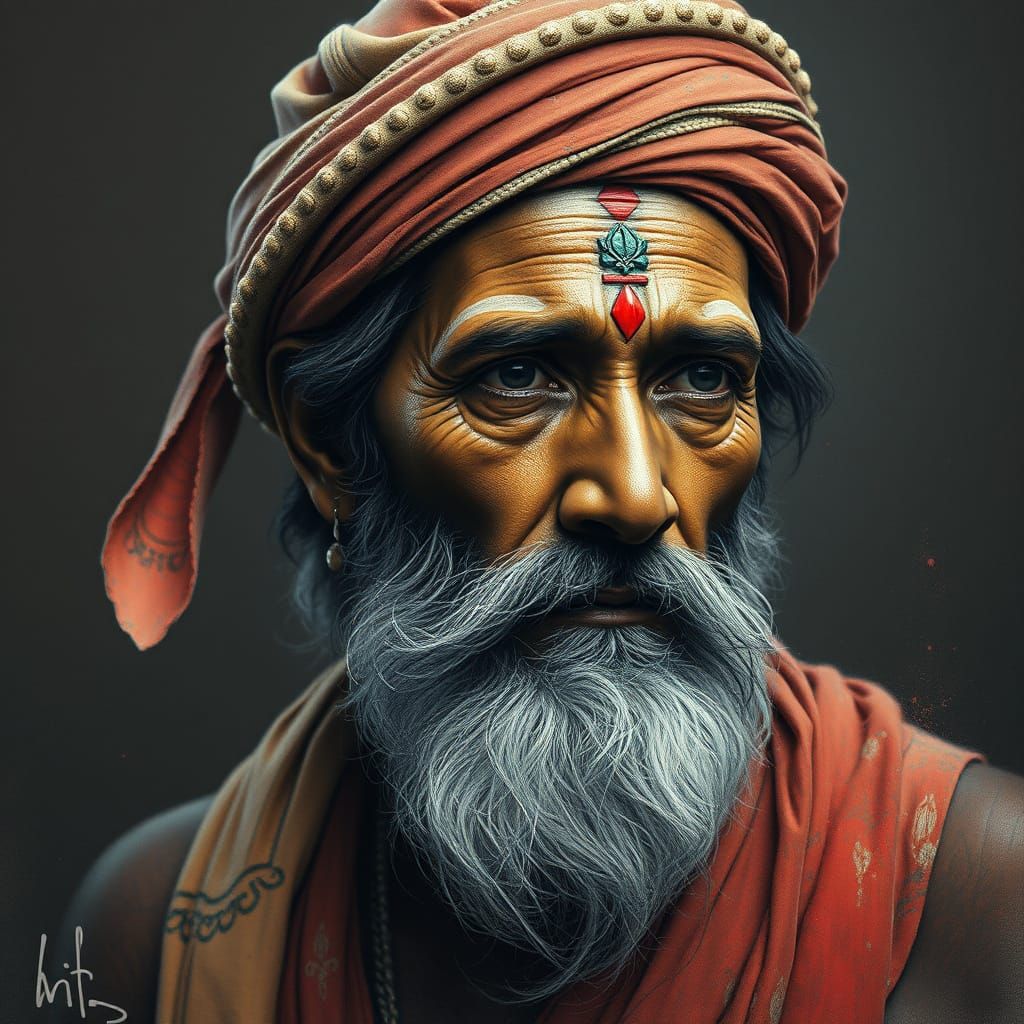 Indian Mystic Portrait in Hyperdetailed Charcoal Style