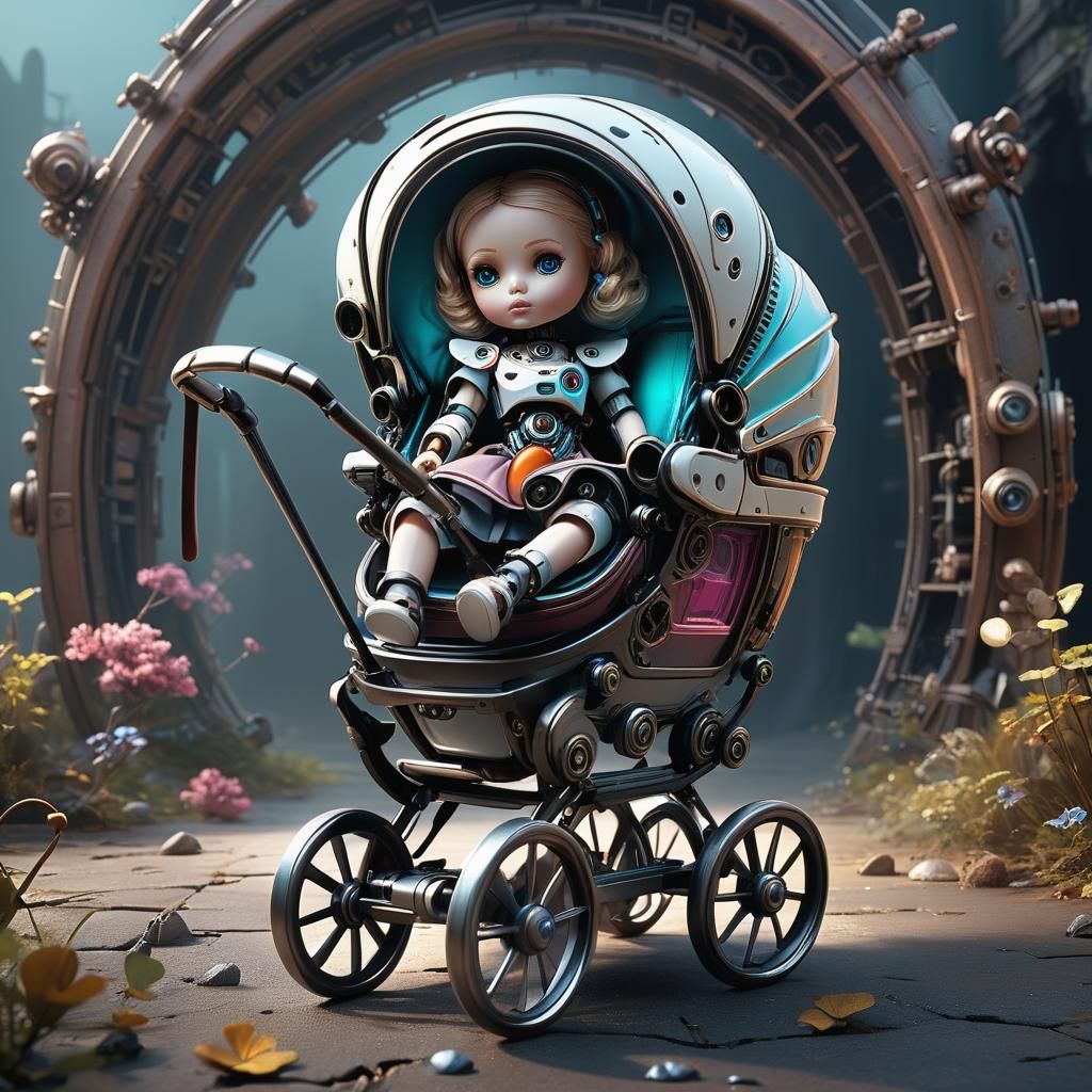 Futuristic Doll Concept Art in a Baby Carriage