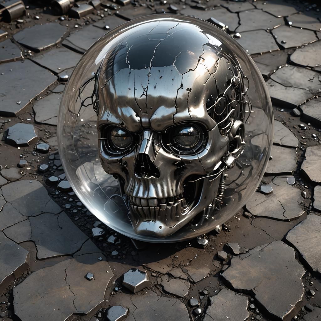 Sinister Sci-Fi Head with Bursting Bubble in Dark Ambiance