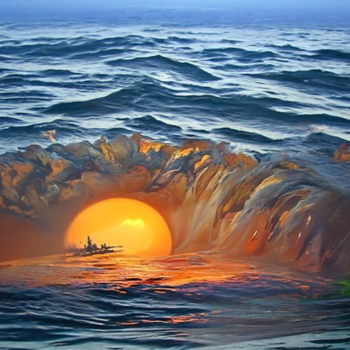 Vibrant Sunset over the Ocean Waves in a Realistic Oil Paint...