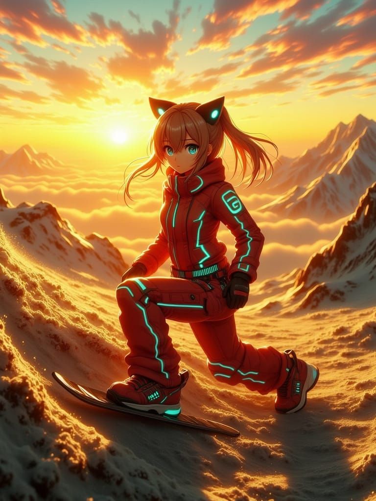 Anime Female Kitsune in snow suit snowboarding down a Mountainside with sunset in the background. Pink, blue, and green....