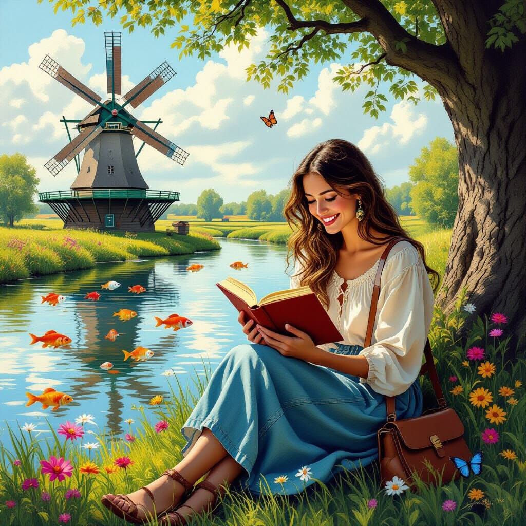 Woman Reading by River with Colorful Fish