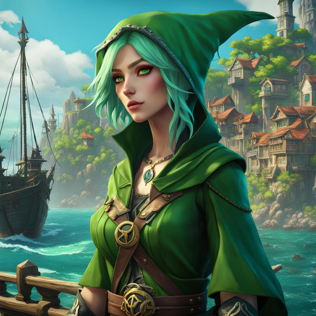 Ethereal Pirate Elf Necromancer Amidst Daytime Sea Town