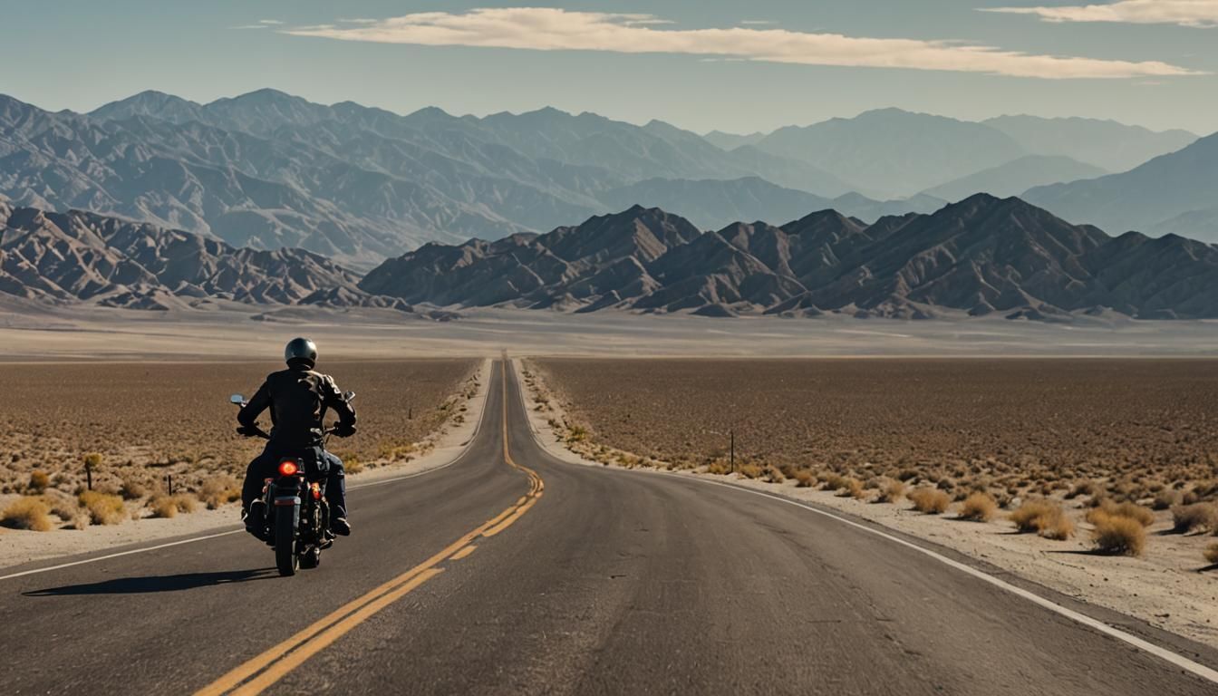 Motorcyclist on Arid Road in Ansel Adams Style