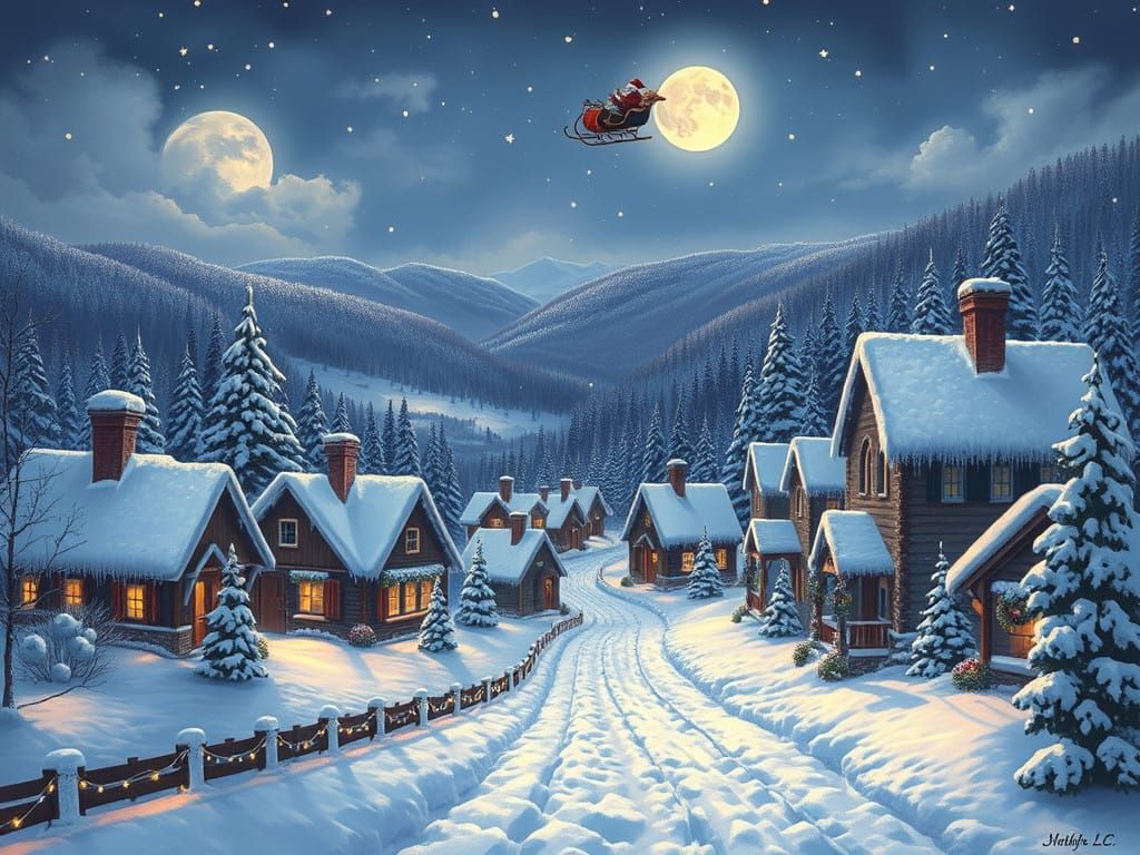 Moonlit Winter Village Under the Watchful Eye of Santa Claus