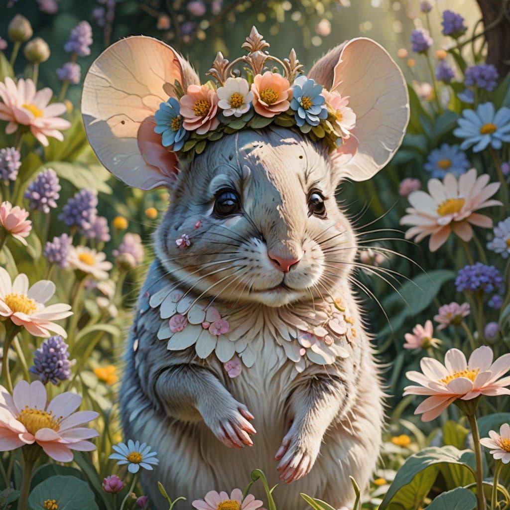 Mouse in Floral Crown: Whimsical Fantasy Illustration