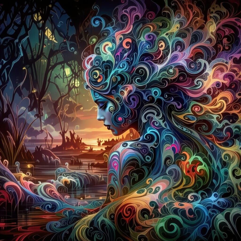 Vibrant Portrait of Woman with Swirling QT Motifs in Dreamsc...