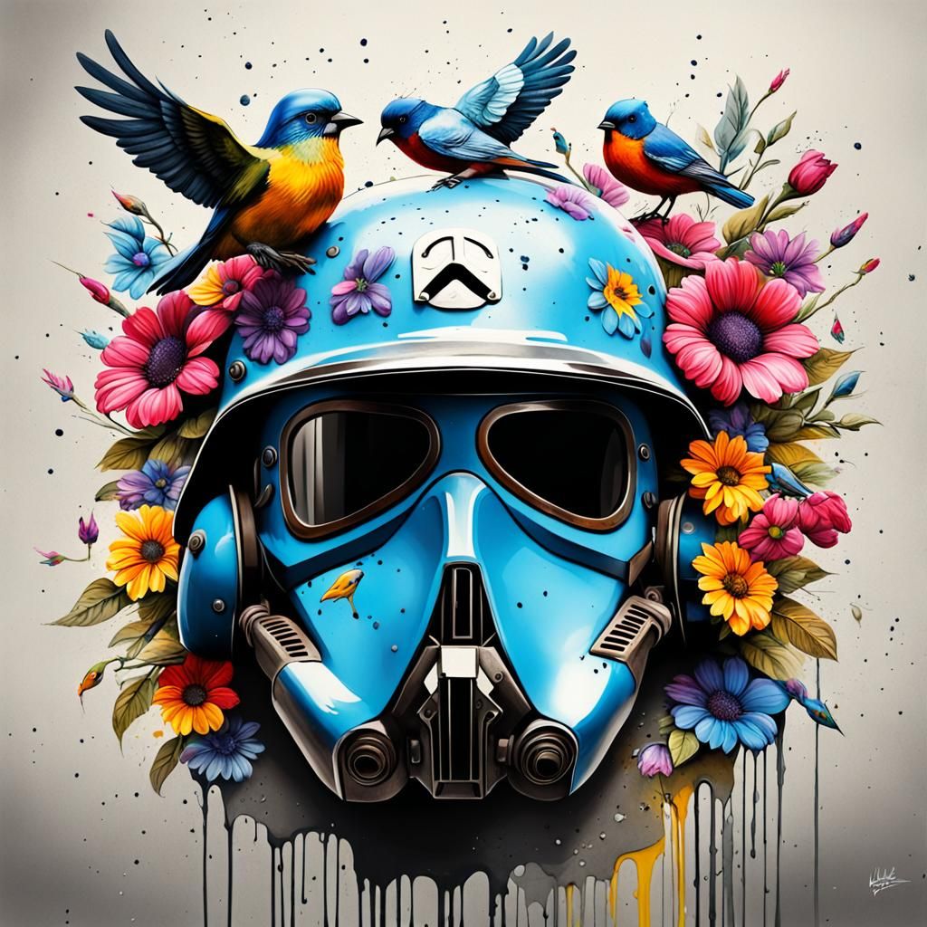 Peace Symbol: WWII Helmet with Flowers and Birds