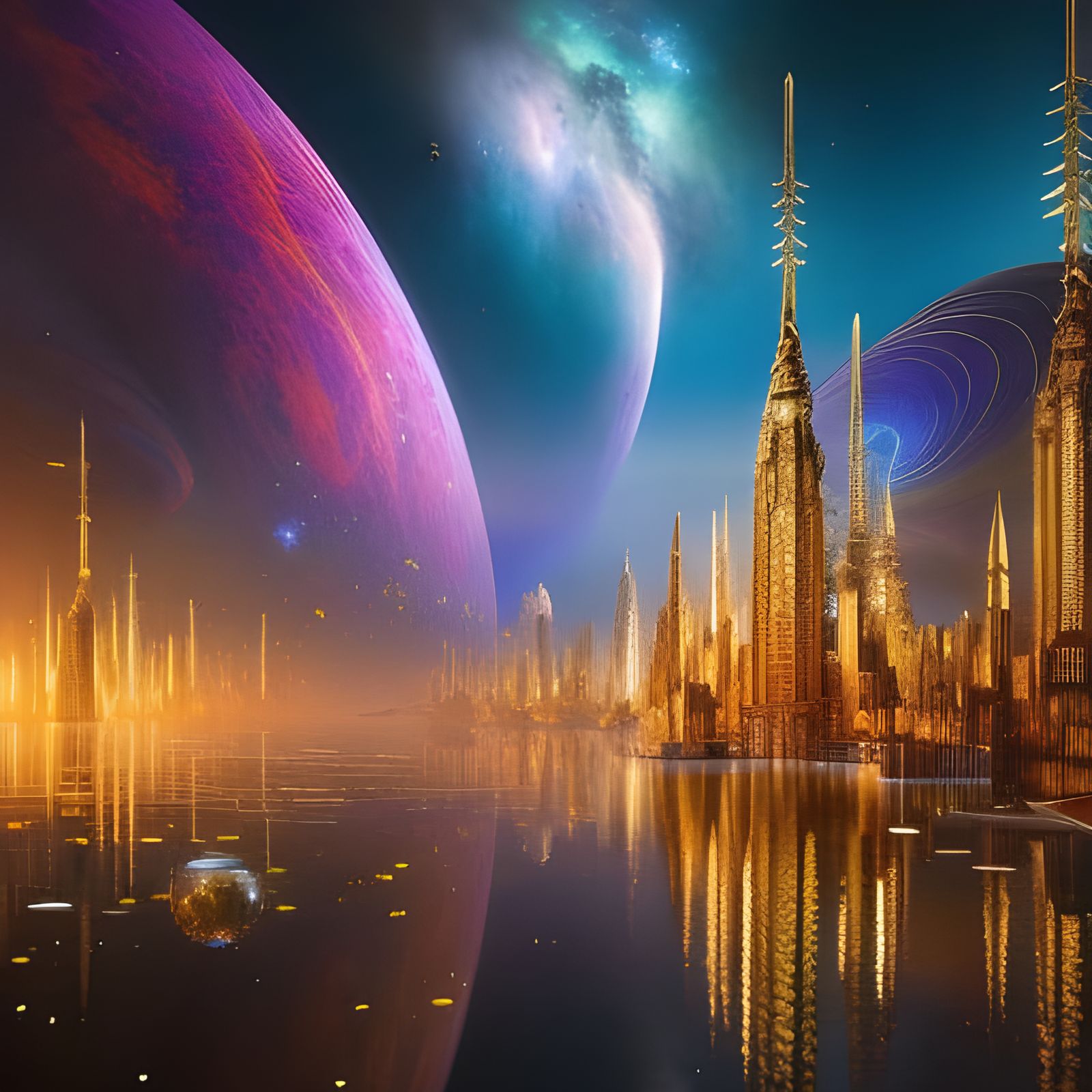 Futuristic City Shadowed by Planets in Digital Art