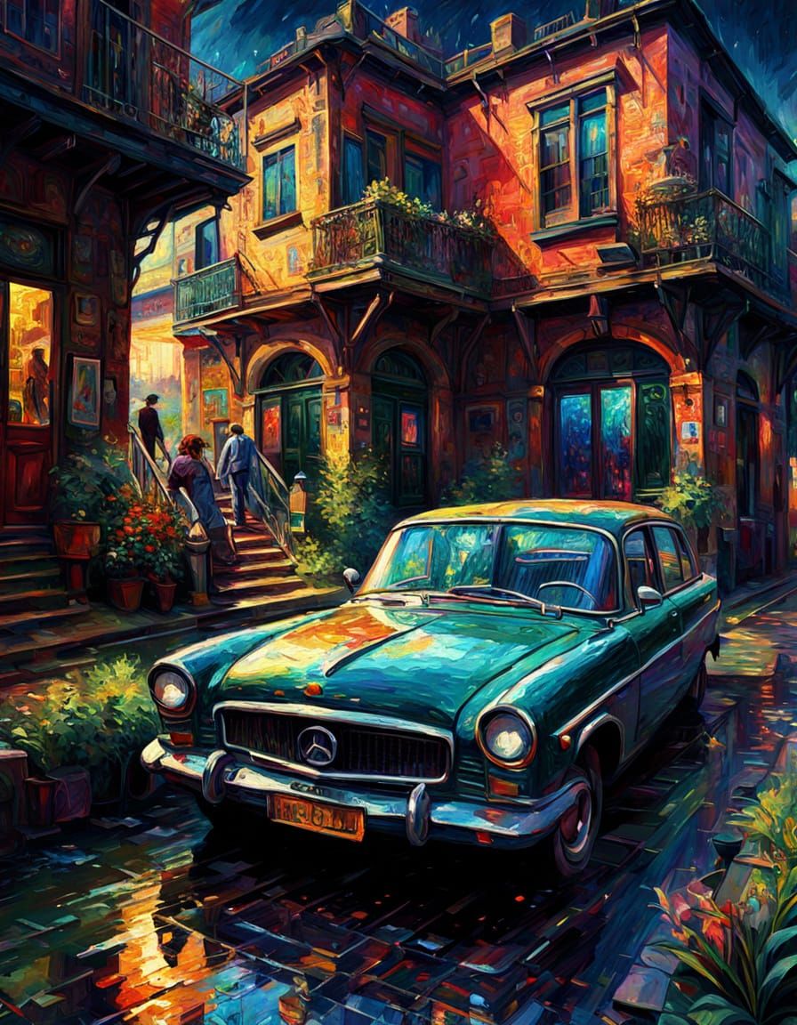 Expressionist Oil Painting of Rainy Cityscape