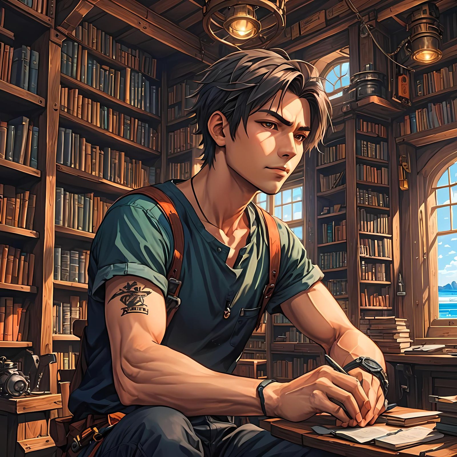 Cozy Sea Coast Scholar in Aetherpunk Library