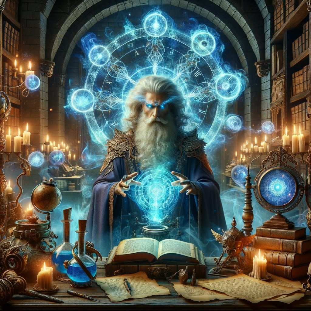 Celestial Wizard in Mystical Laboratory