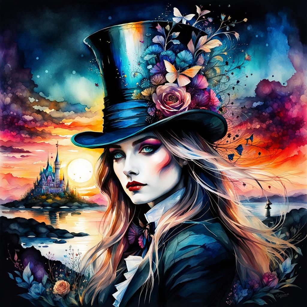 Fantasy Alice in Wonderland Watercolor Scene at Sunset