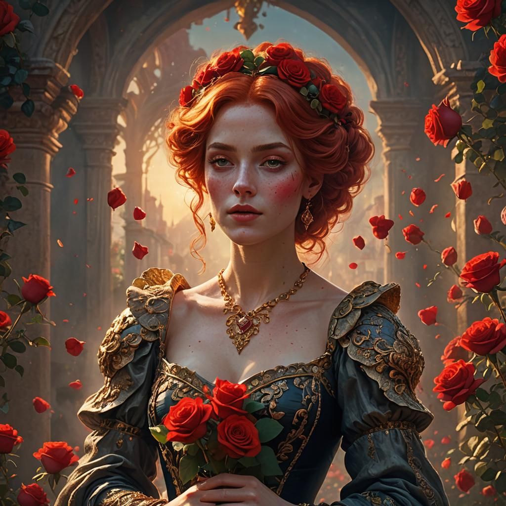 Elegant Lady in Red Amidst Romantic Roses in Golden Hour