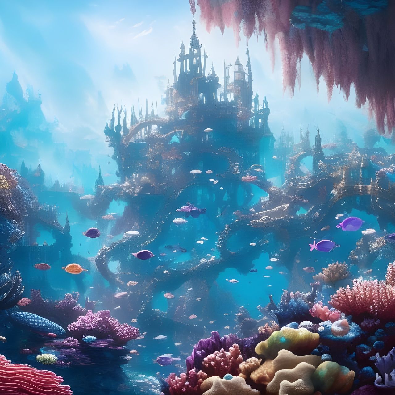Vibrant Underwater Castle Amidst Colorful Coral Reef