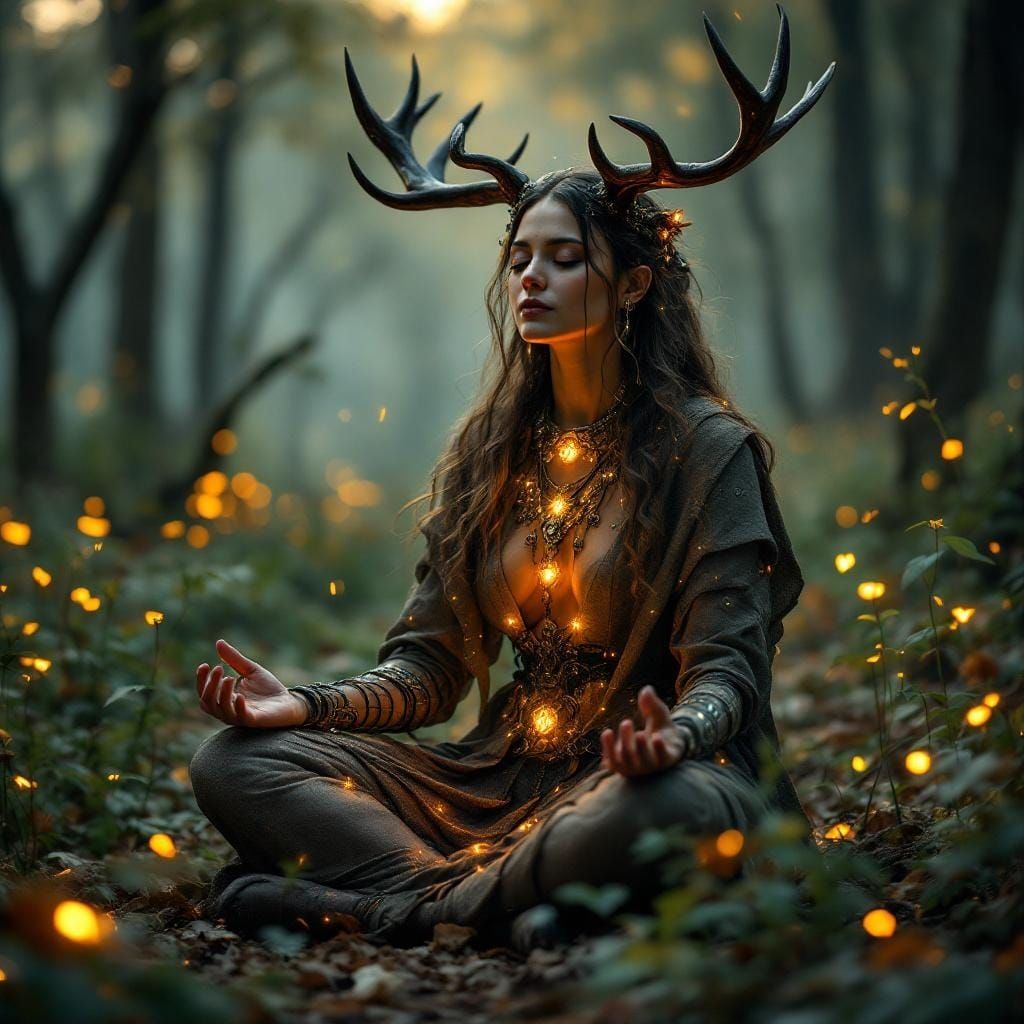 Meditative Cyber Druid in Enchanted Forest