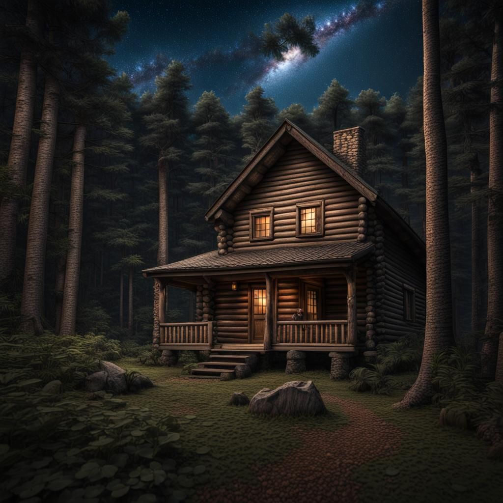 Serene Log Cabin Scene Under Starry Night Sky with Wildlife