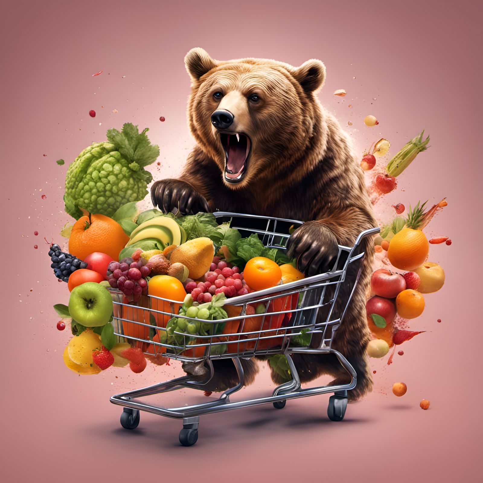 Surreal Hyperrealistic Shopping Cart Scene with Bear