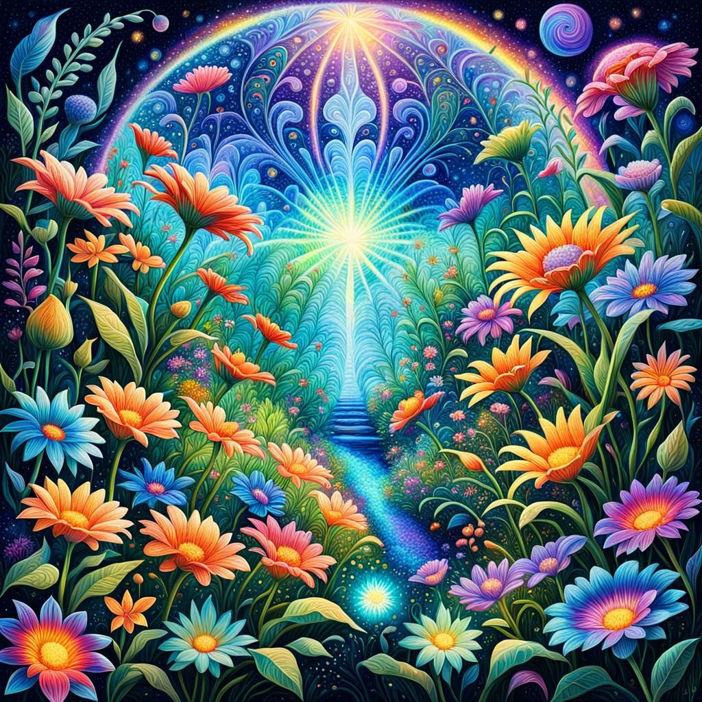 Ethereal Garden of Vibrant Blooms Illuminated by Dazzling As...