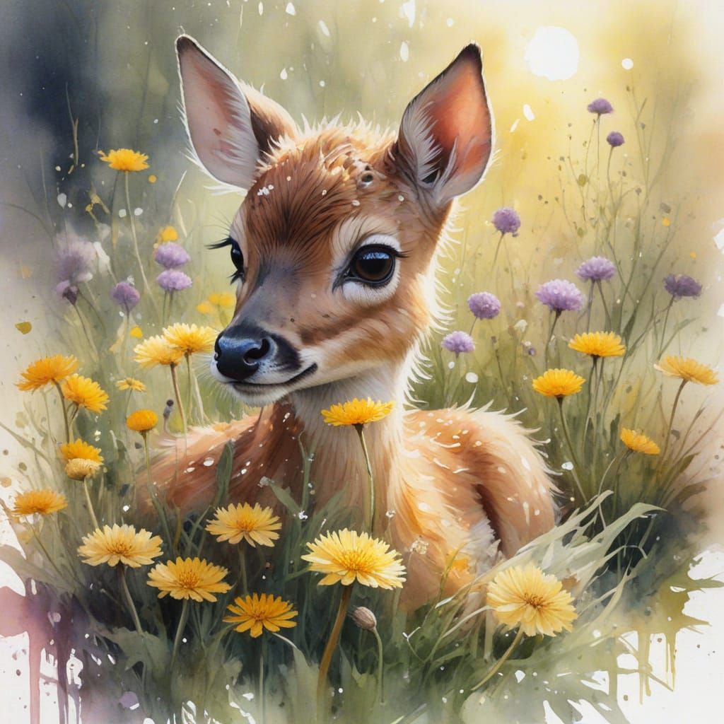 Pastel Fawn Resting in Dandelion Glade, Kawaii Style