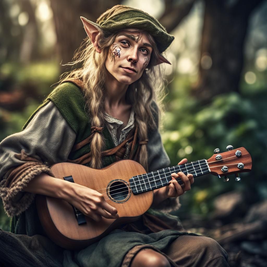 Elegant Wood Elf Bard Performs on Streets