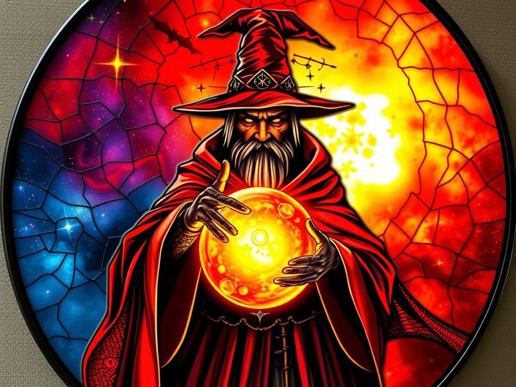 Mysterious Wizard in Red Cape Holding Glowing Energy Ball