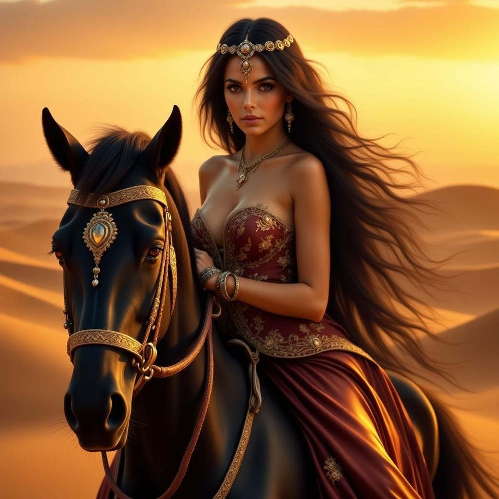 Elegant Arabian Woman Rides Majestic Horse in Desert Sunset