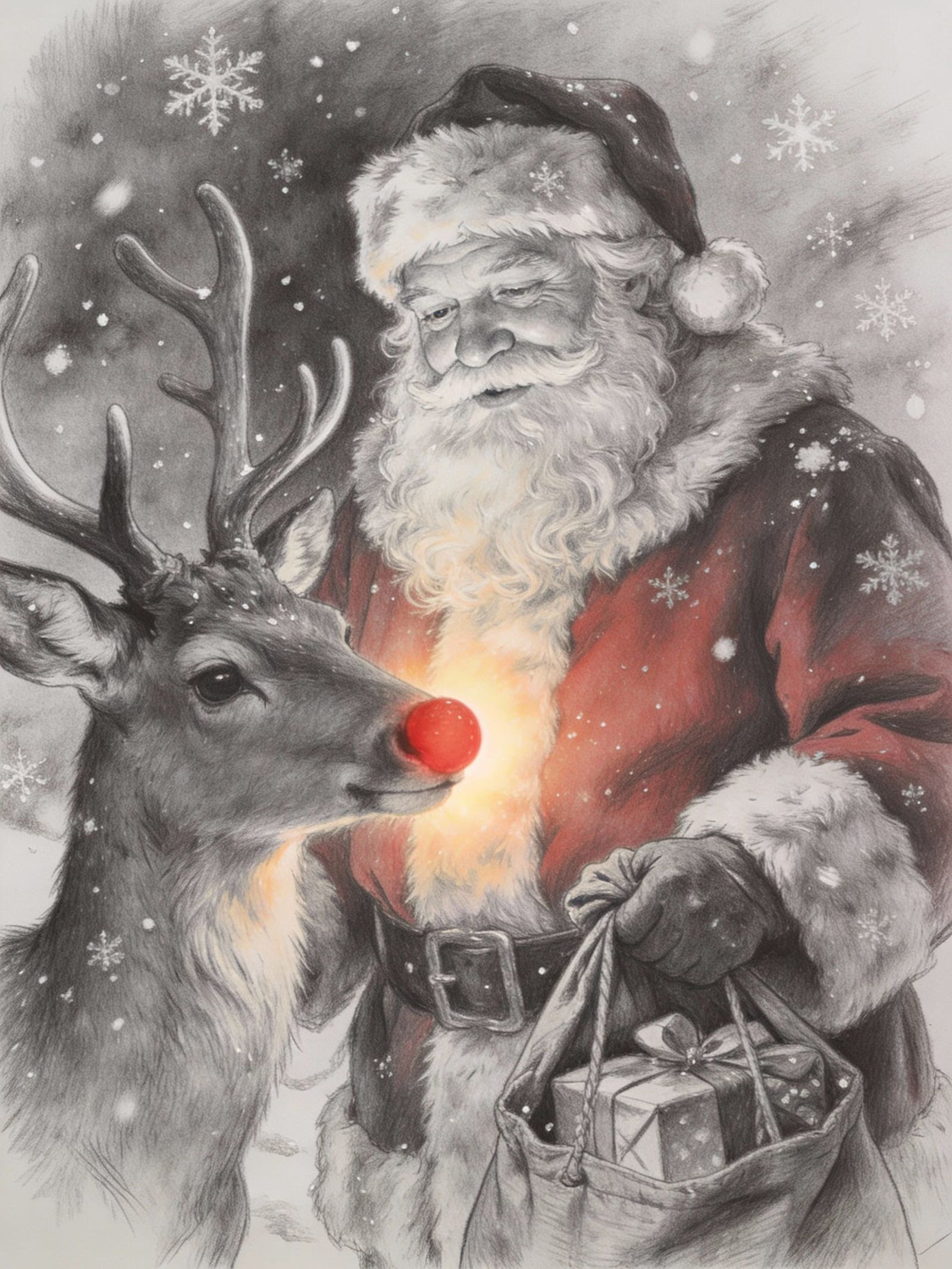 Hyper Realistic Graphite Drawing of Santa and Rudolph